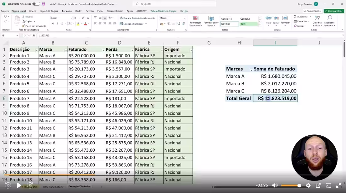 Captura de tela de uma aula de VBA